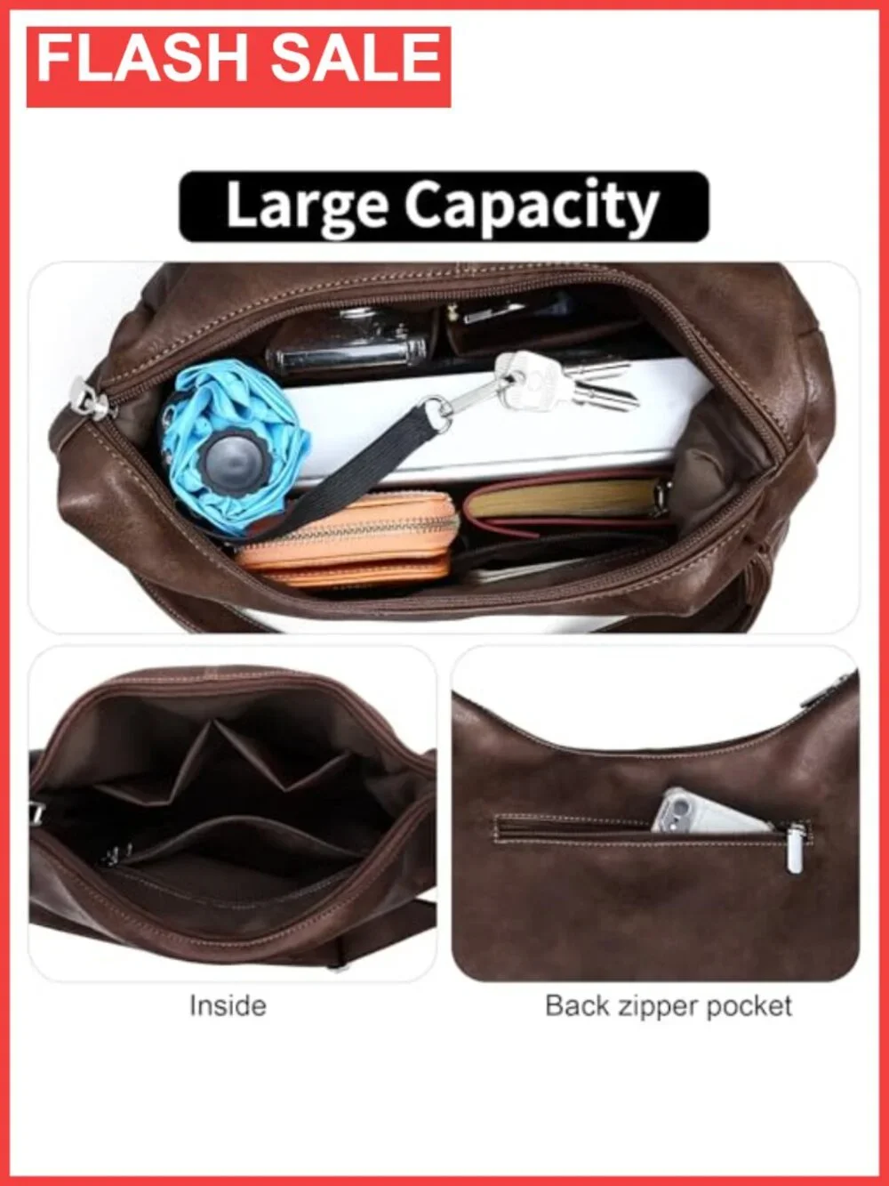 Vegan Leather Hobo Shoulder Bag Slouchy Tote with Zipper